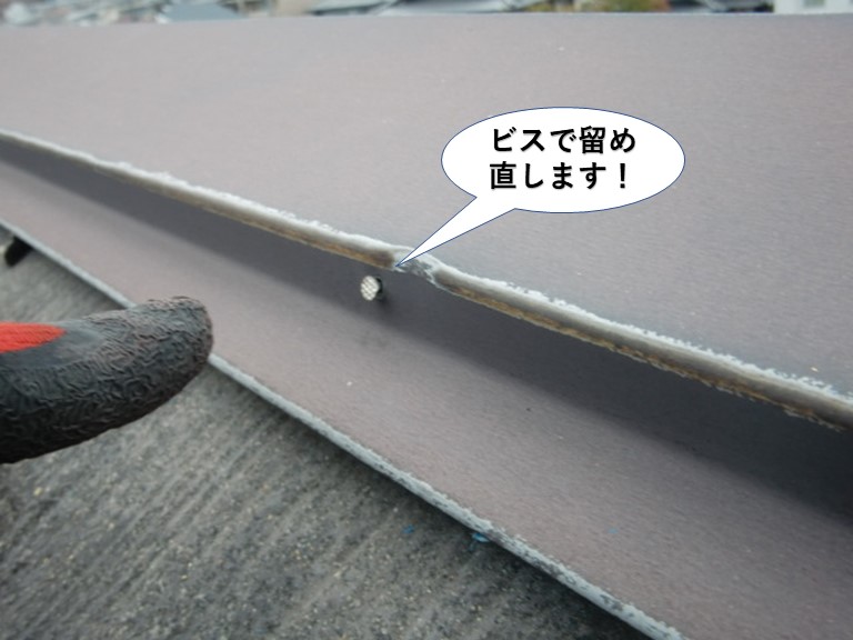 泉大津市の棟板金をビスで留め直します