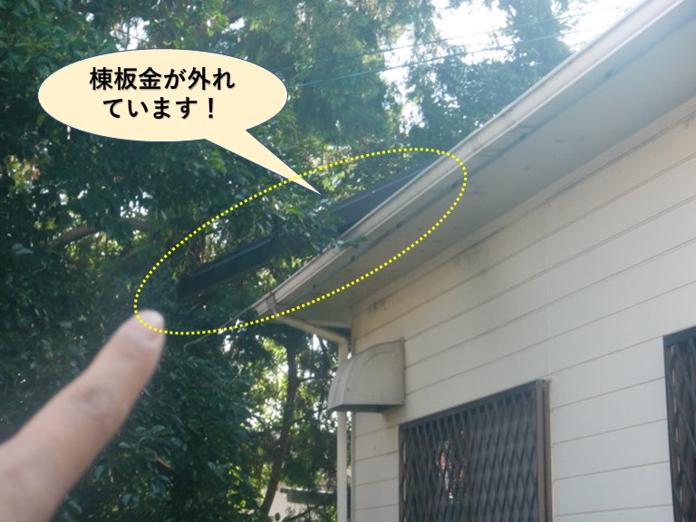 和泉市の棟板金が外れています