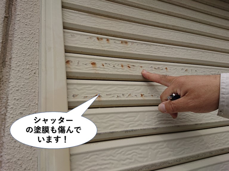 岸和田市のシャッターの塗膜も傷んでいます