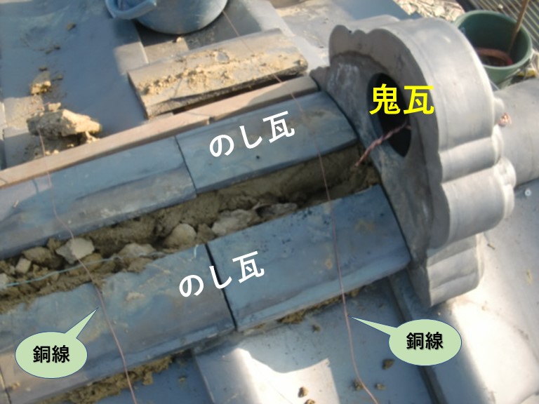 泉南市の棟に葺き土をのせてのし瓦を葺きます