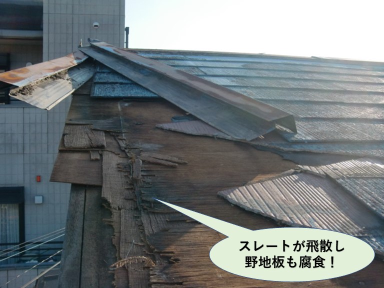 岸和田市のスレートが飛散し野地板も腐食