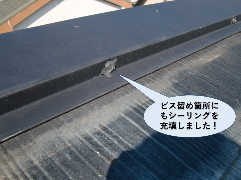 熊取町の棟板金のビス留め箇所にもシーリング充填