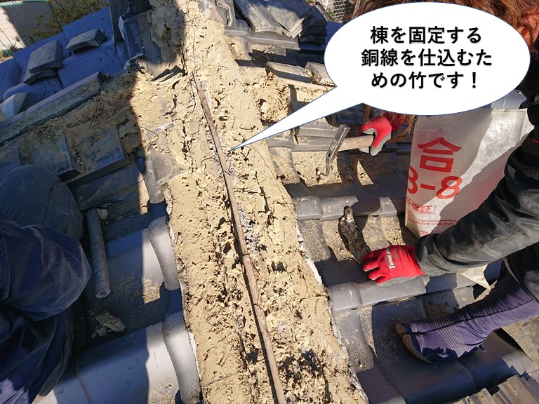 貝塚市の棟を固定する銅線を仕込むための竹