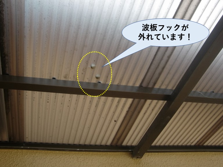 泉南市の波板フックが外れています