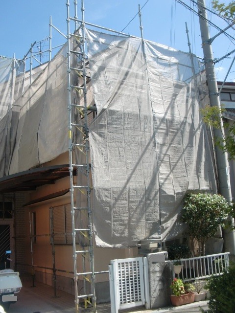岸和田市極楽寺町で高圧洗浄でカビ除去する外壁・屋根塗装養生