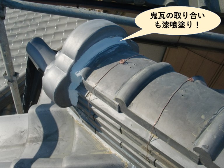 泉大津市の鬼瓦の取り合いも漆喰塗り
