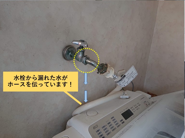 貝塚市の水栓から漏れた水がホースを伝っています