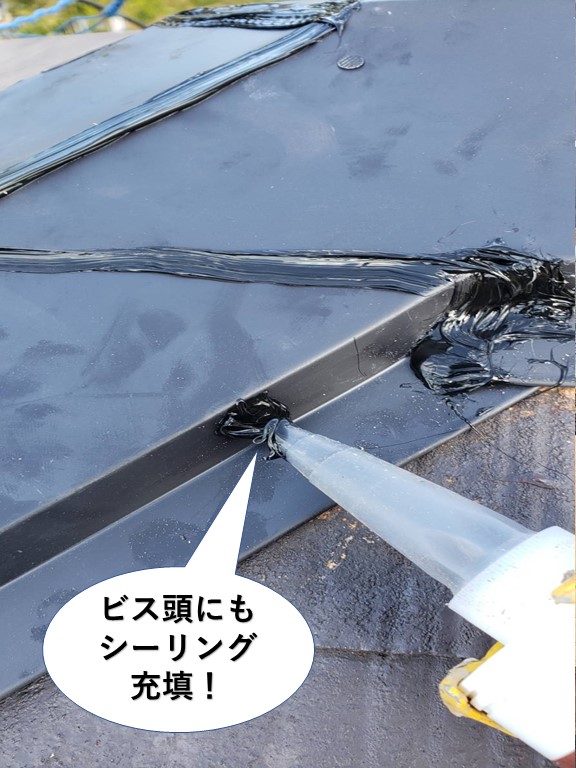 岸和田市の板金を固定しているビス頭にもシーリング充填