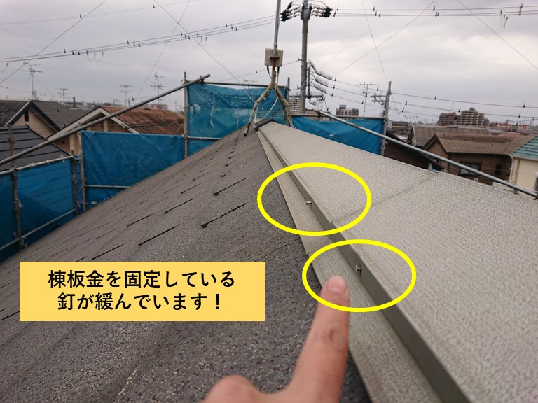 熊取町の棟板金を固定している釘が緩んでいます