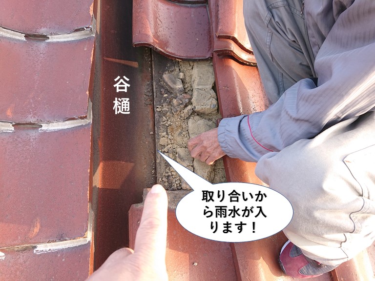 熊取町の谷樋の取り合いから雨水が入ります