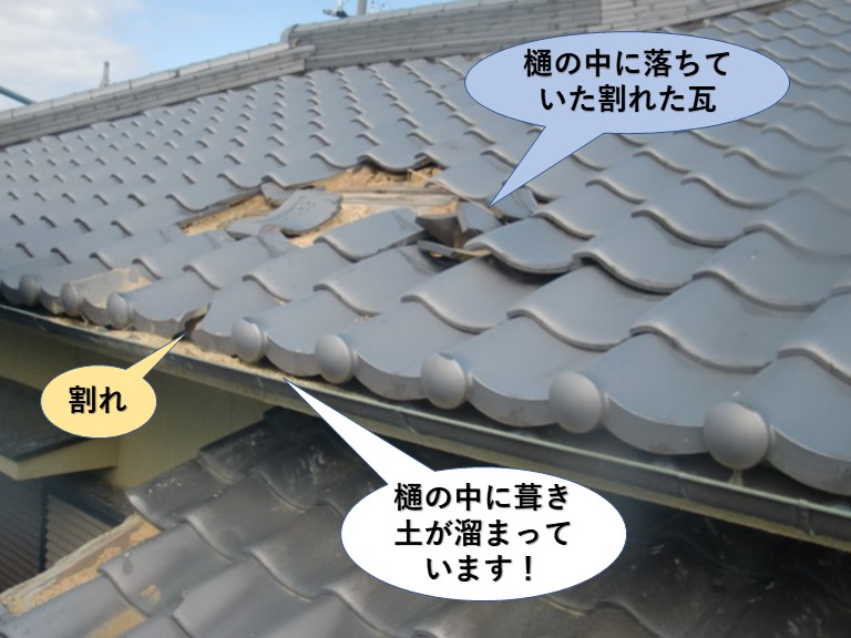 泉大津市の屋根の被害箇所を軒先から見た様子