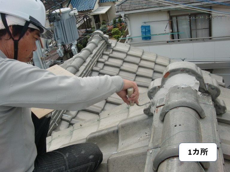 岸和田市の鬼瓦の漆喰復旧一カ所目