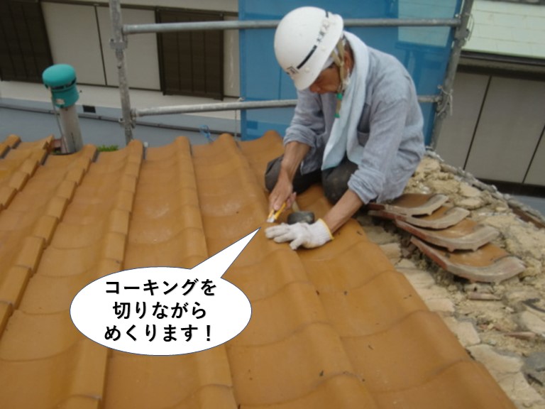 泉南市の瓦をコーキングを切りながらめくります