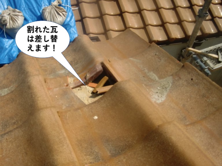和泉市の割れた瓦は差し替えます