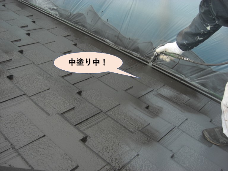 岸和田市の屋根中塗り中