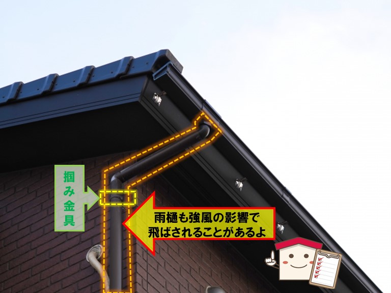 台風の影響で雨樋が飛ばされる
