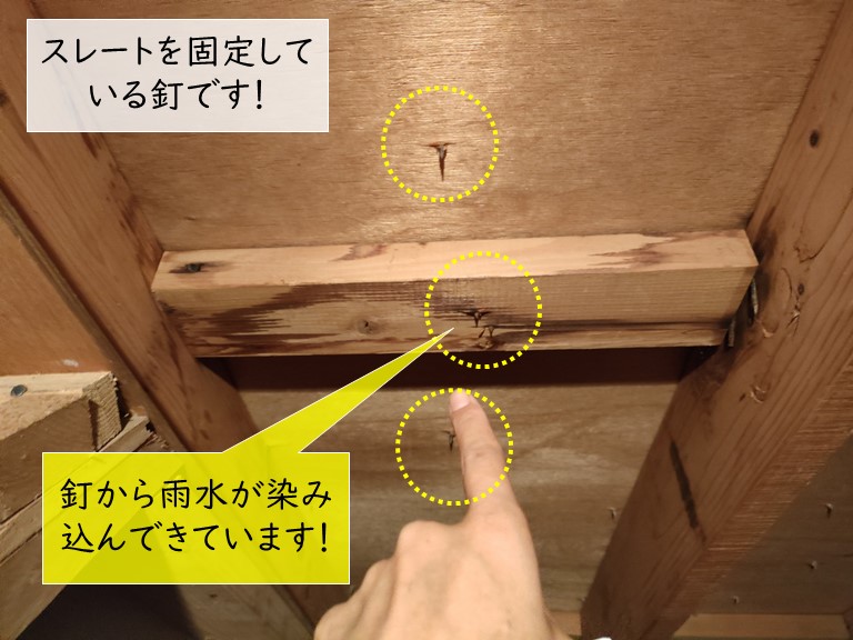 和泉市のスレートの釘から雨水が染み込んでいます
