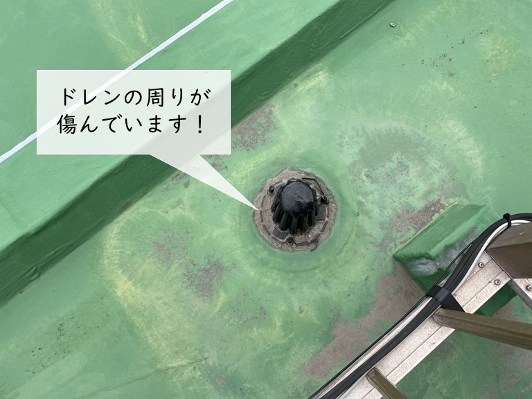 和泉市のバルコニーのドレン周りが傷んでいます