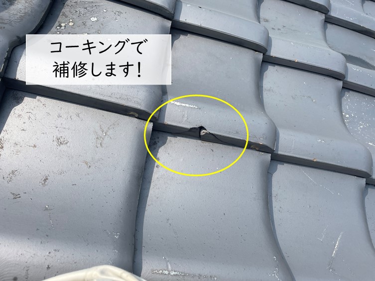 和泉市の割れた瓦をコーキングで補修