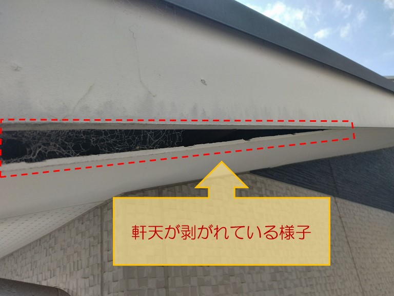 岸和田市で軒天が剥がれているので修理してほしいとのご相談軒天が剥がれている様子