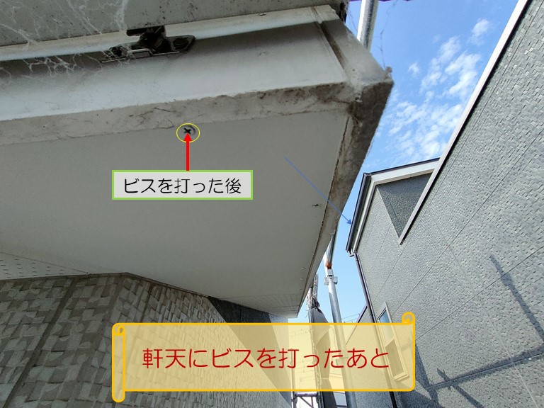 岸和田市で軒天が剥がれているので修理してほしいとのご相談軒天にビスを打ったあと