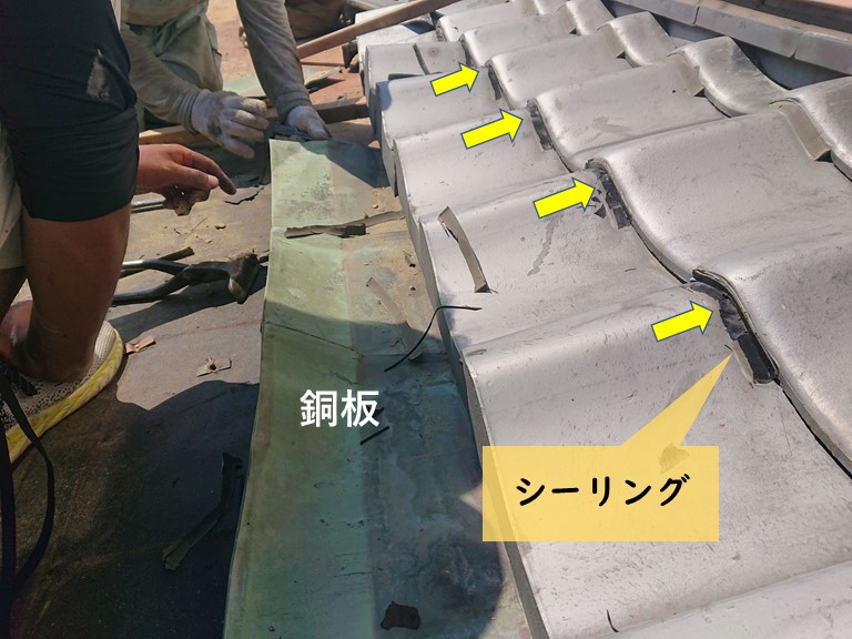 岸和田市の瓦のシーリングを切って銅板を撤去します