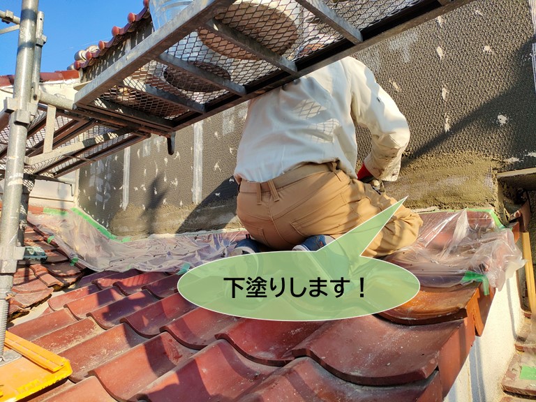 忠岡町で外壁のモルタルを下塗り