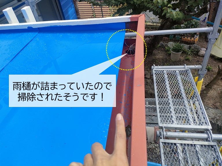 忠岡町の玄関屋根の雨樋が詰まっていました