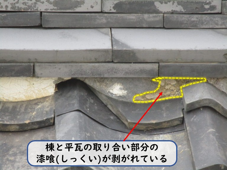 棟と平瓦の取り合い部分の漆喰が剥がれている