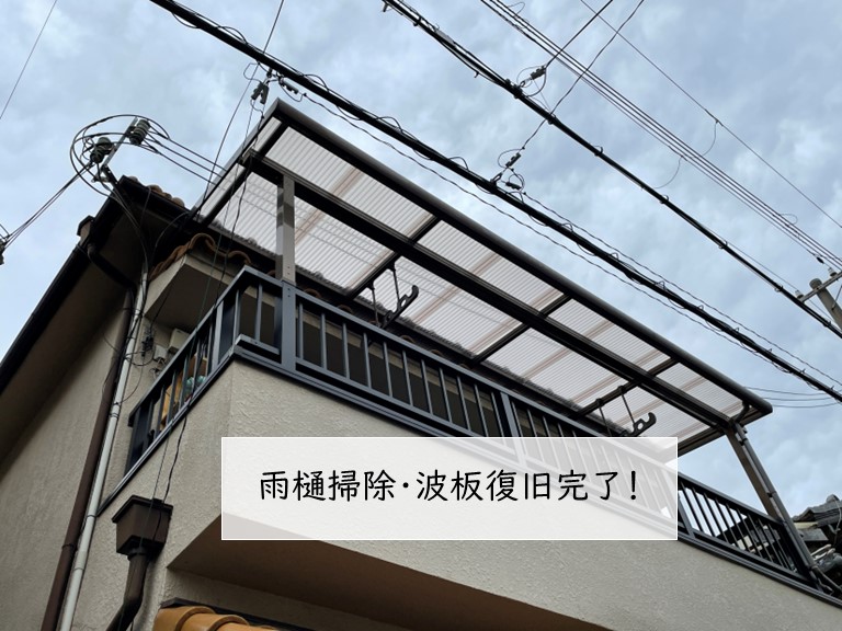 泉佐野市の波板屋根の雨樋掃除と波板復旧完了