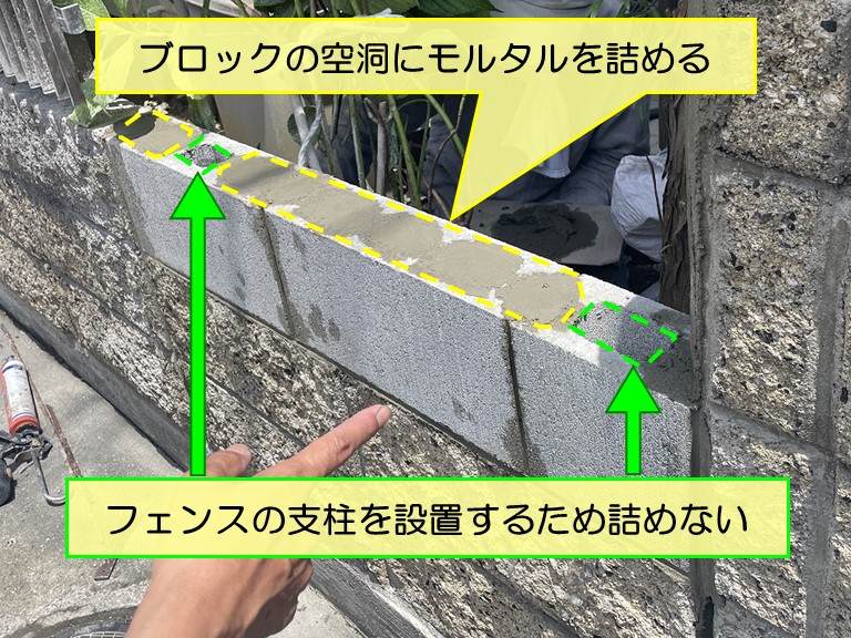 泉南市 ブロックの空洞にモルタルを詰める