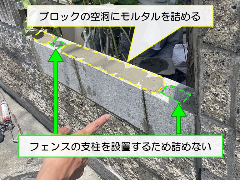 泉南市 ブロックの空洞にモルタルを詰める1