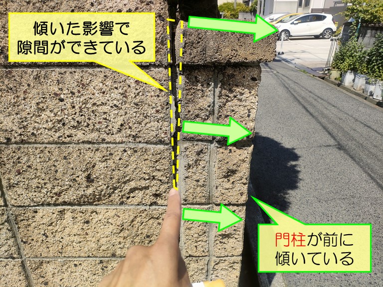 泉南市 門柱が前に傾いている