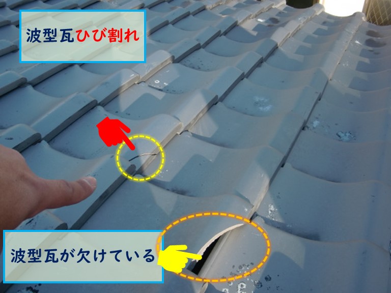 泉南市の風雨災害にあった現場で波型瓦がひび割れたり欠けたりしている