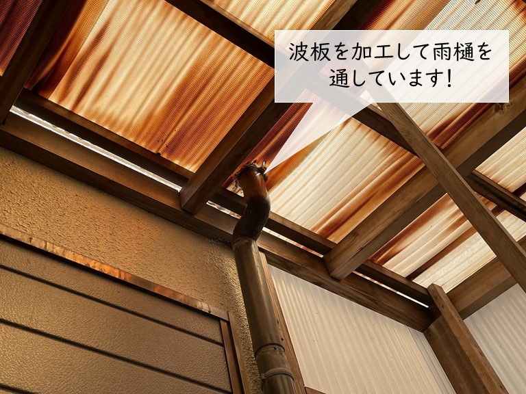 熊取町の波板を加工して雨樋を通しています