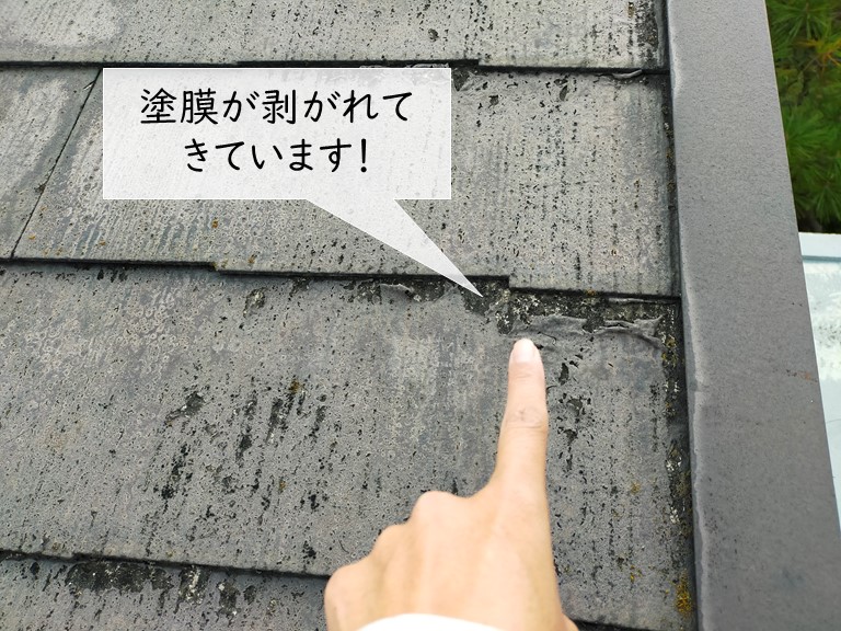 貝塚市のカラーベストの塗膜が剥がれてきています