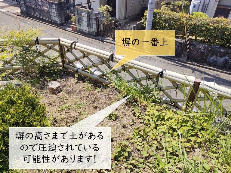 貝塚市の塀の天端まで庭の土があります