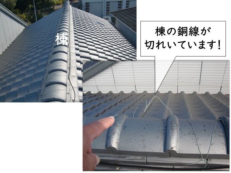 貝塚市の棟の銅線が切れています