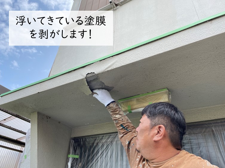 貝塚市の浮いてきている塗膜を剥がします