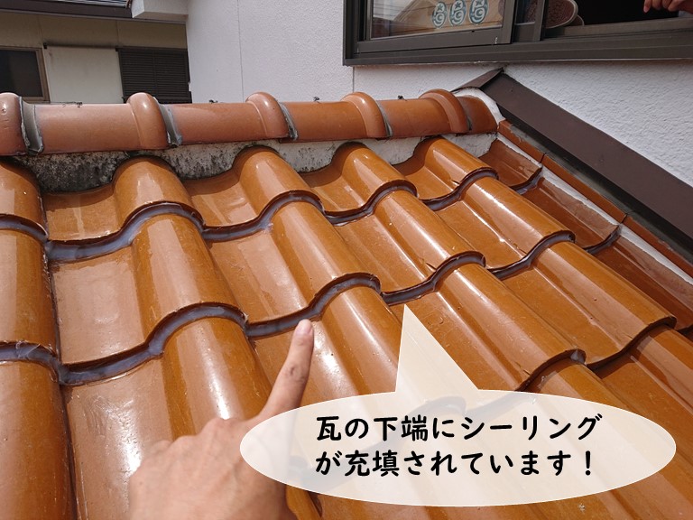 貝塚市の瓦の下端にシーリングが充填されています