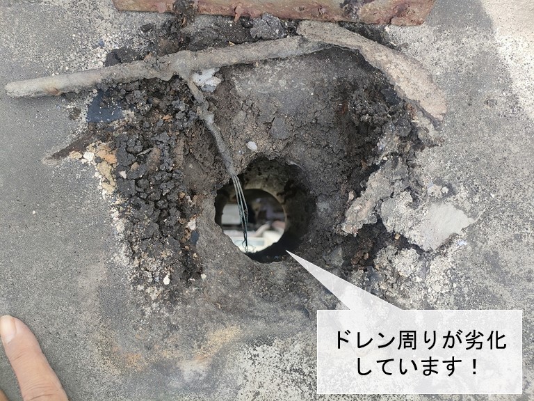 貝塚市の陸屋根のドレン周りが傷んでいます