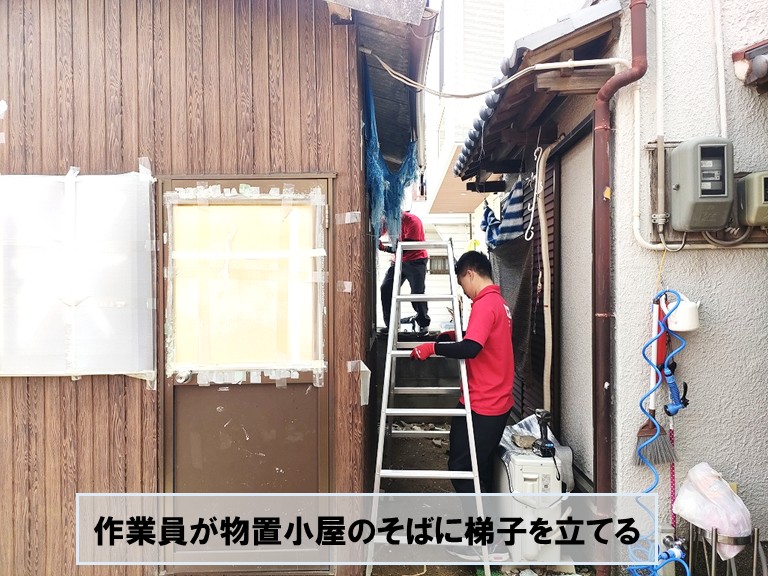 貝塚市物置小屋のそばに梯子を立てる