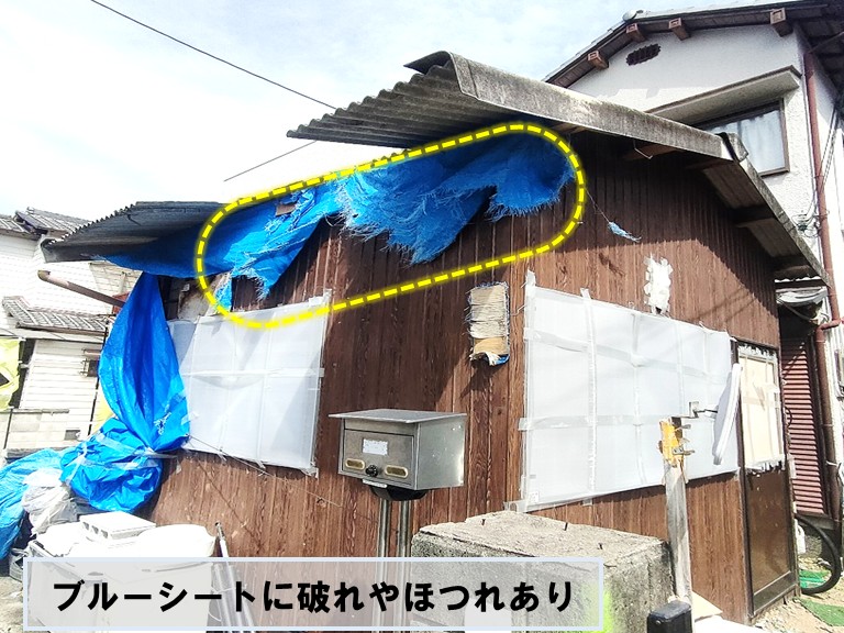 貝塚市物置小屋ブルーシートほつれ