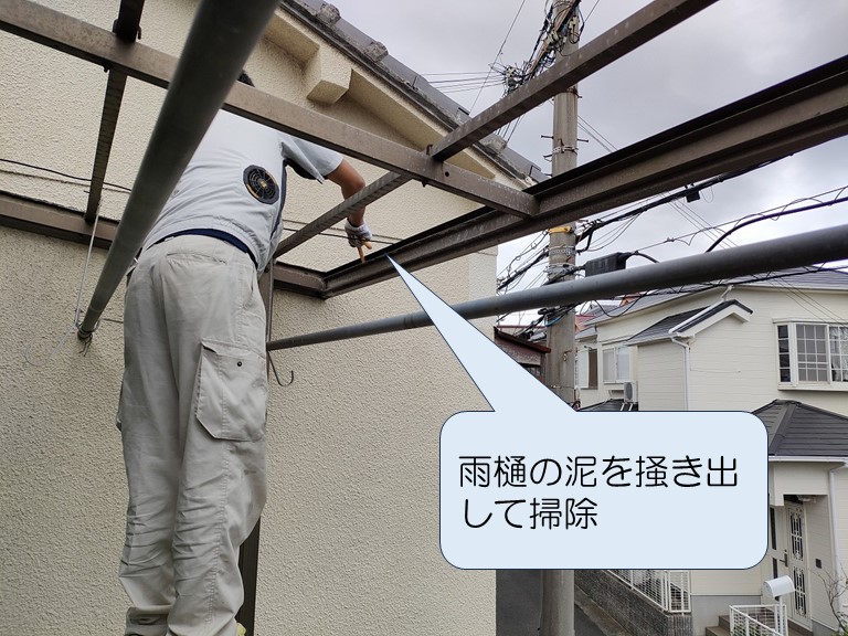 雨樋の泥を掻き出して掃除