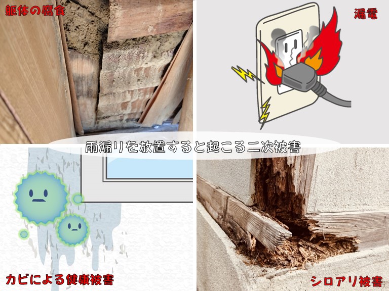 雨漏りを放置すると起こる二次被害躯体の腐食漏電カビによる健康被害シロアリ被害