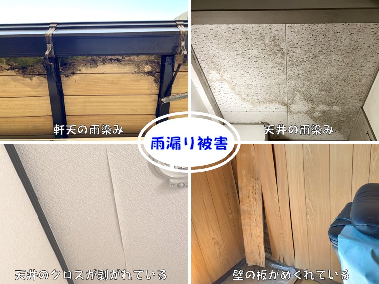 雨漏り被害天井の雨染み天井のクロスが剥がれている壁の板がめくれている軒天の雨染み