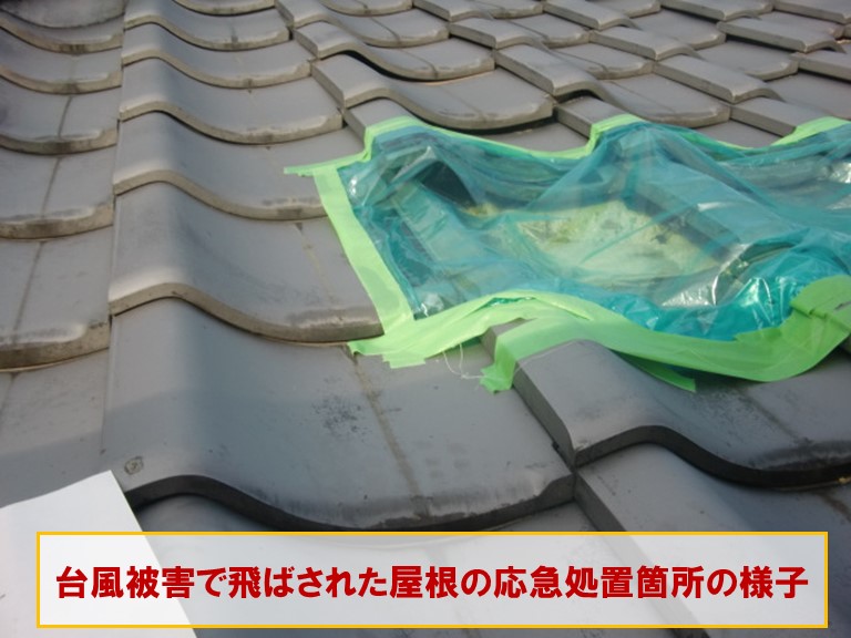 高石市で台風被害で飛ばされた屋根の応急処置をした箇所の様子