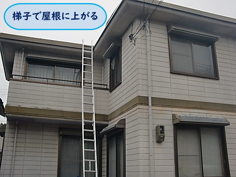 高石市で雨漏り梯子で屋根に上がる