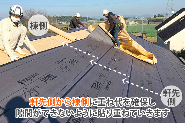 防水紙は軒先から棟にかけて重ね代を持たせ設置します