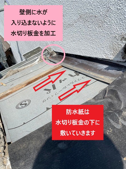 水切り板金の加工、防水紙の敷設
